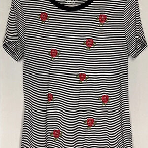 Striped Black and White Tee with Red Rose Embroidery